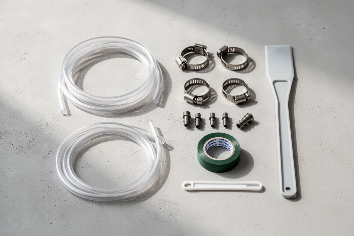 Flatlay van aquariumaccessoires op beton: slang, slangklemmen, fittingen en een schraper