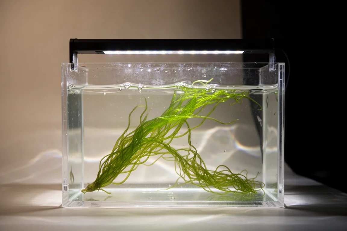 Close-up van groene macroalgenstrengen onder een slanke LED-balk in een schemerig aquariumcompartiment