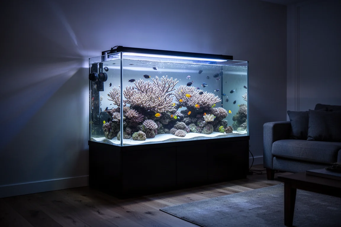 Verlicht rifaquarium in een schemerige woonkamer met koralen en kleine vissen
