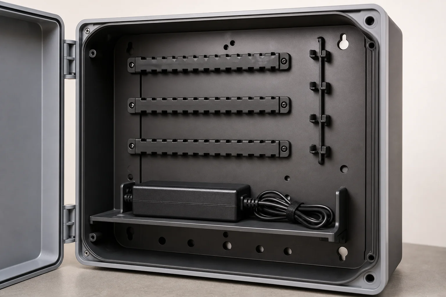 Innenansicht des Control Boards mit Kabelführungsschienen und Ablageflächen für die Organisation