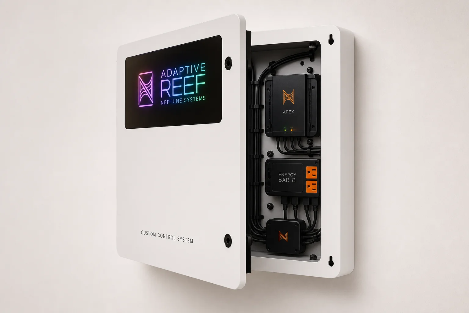 Scheda di controllo personalizzata Adaptive Reef per Neptune Systems con logo RGB e pannello frontale aperto