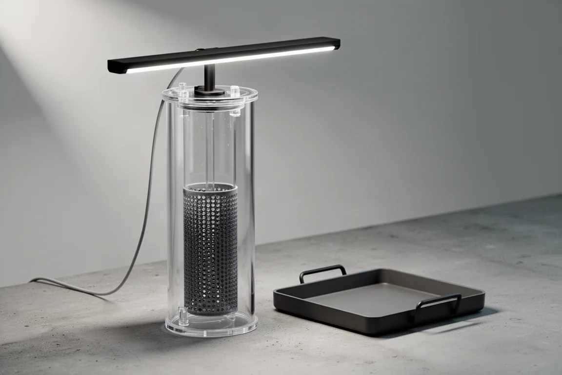 半透明の水槽用藻類リアクター容器。上部にLEDライトバーと取り外し可能なトレイを備える