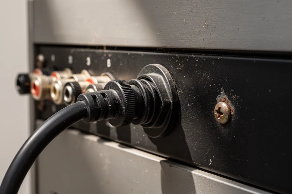 Makrovy av en vintageförstärkares baksida med högtalarterminaler och en fastsatt nätsladd