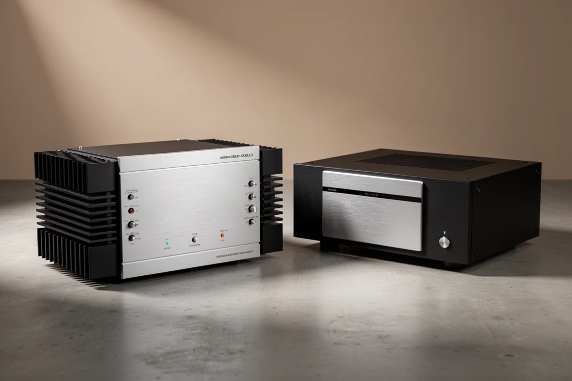 Two stereo power amplifiers, one vintage and one modern, side by side on concrete
