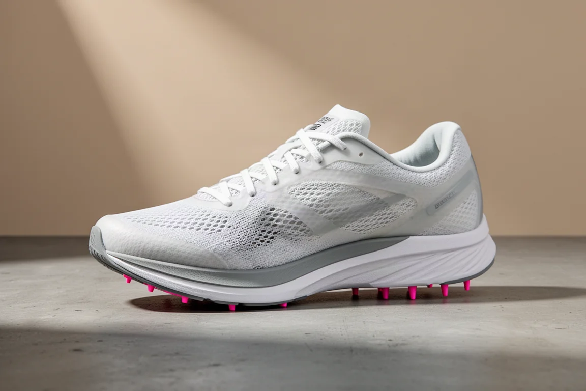 Scarpa da corsa Adidas Adios 8 con tomaio in mesh traslucido su superficie di cemento