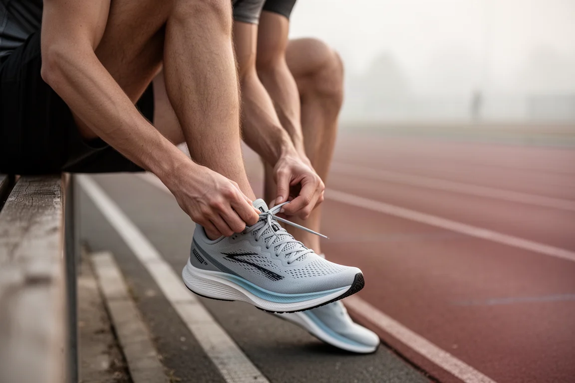 Runner lacing up a low-profile racing shoe before a speed session on a track