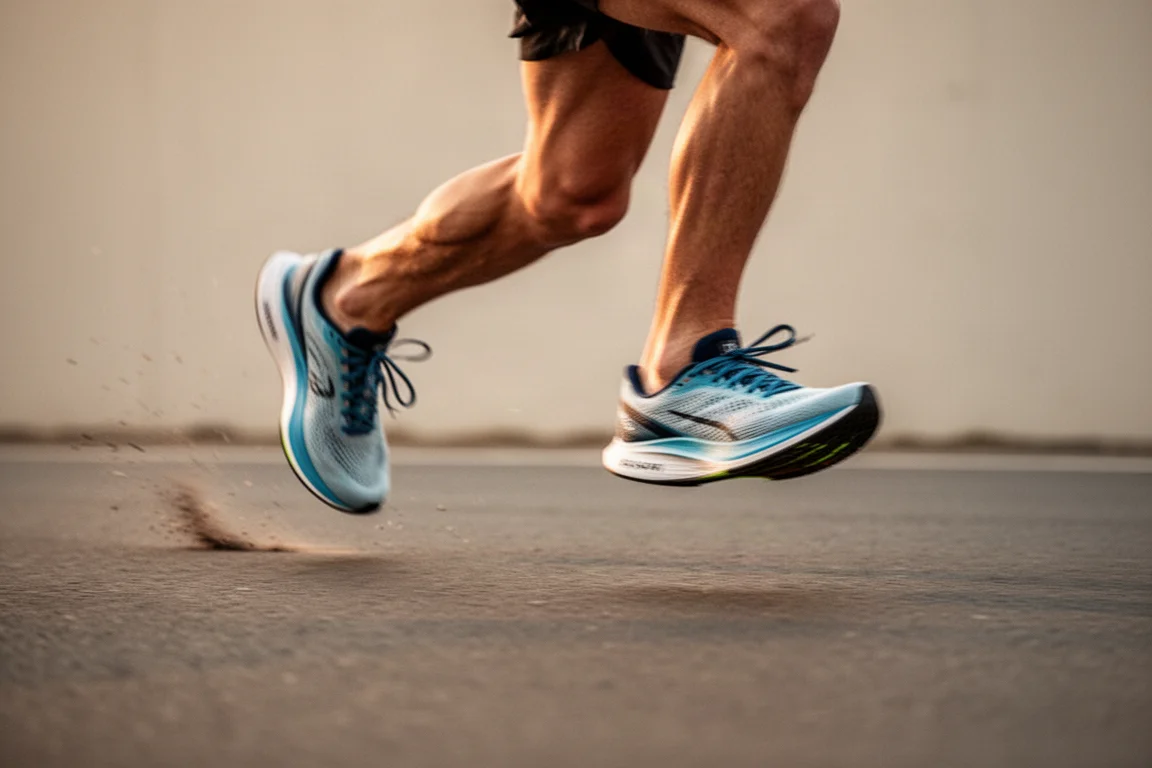 Close-up of a runner's feet mid-stride on tarmac during a fast interval effort