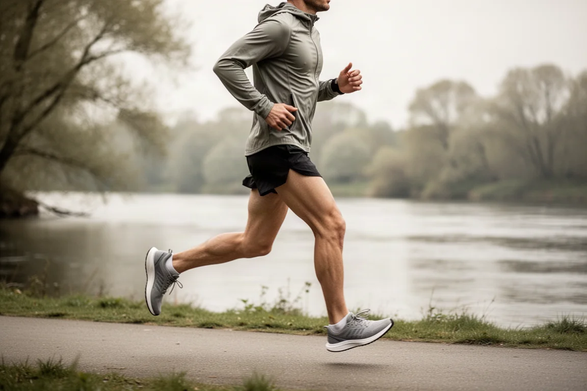 Runner jogging along a riverside path at an easy pace