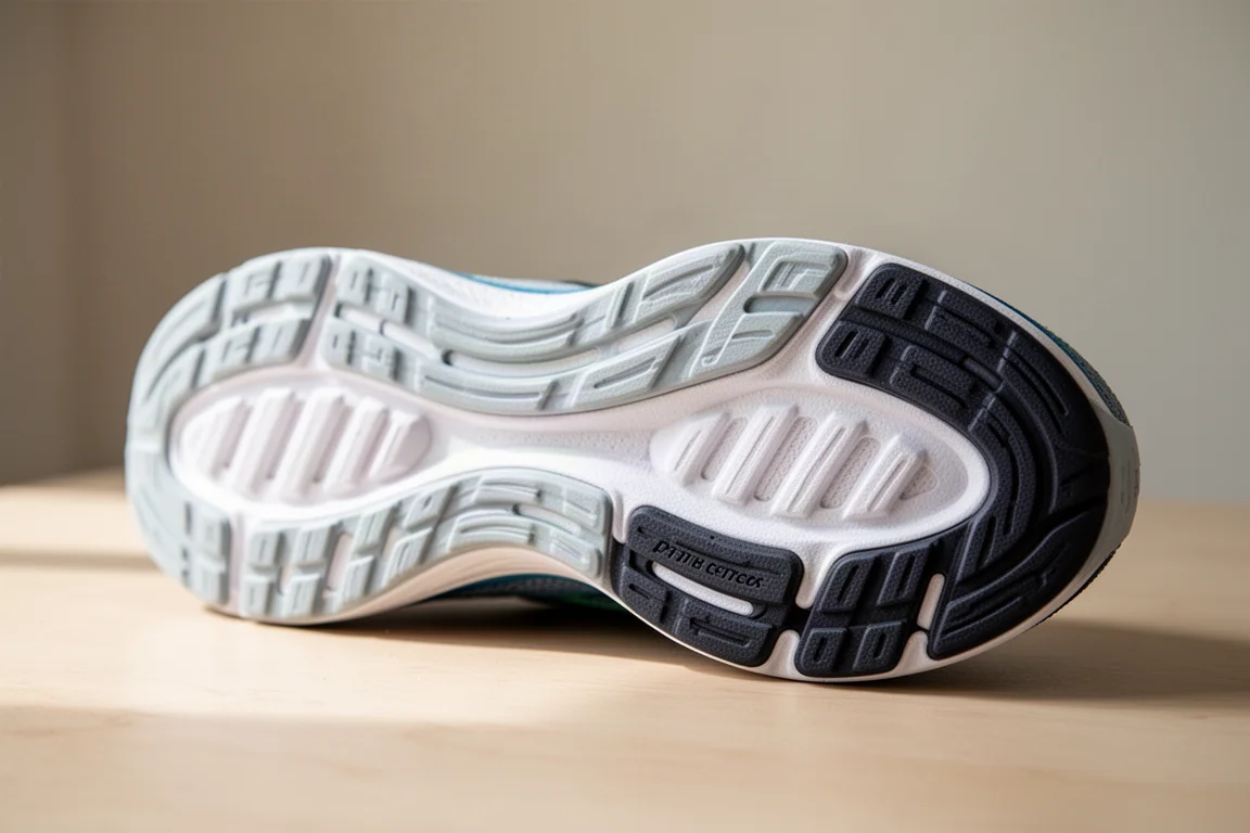 Close-up of a running shoe outsole showing rubber grip sections