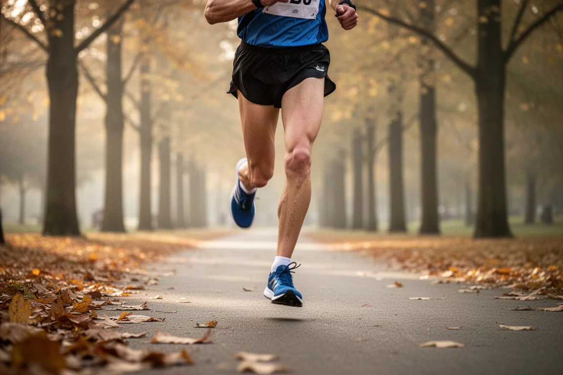 Un corridore gareggia in un 10K pianeggiante in un parco verde di Londra in una mattina autunnale