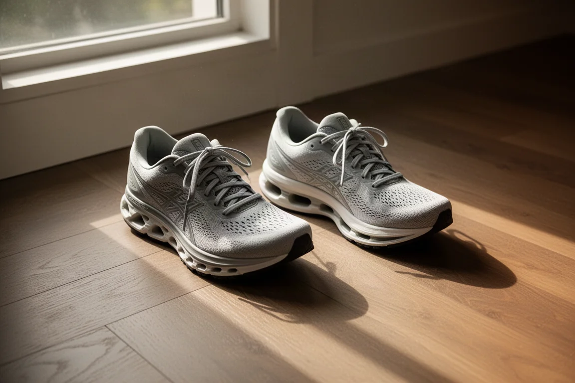 Due scarpe da gara affiancate su un pavimento di legno dopo un weekend di gare