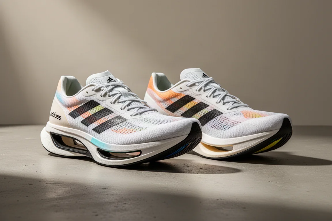 Two adidas Adios Pro racing shoes side by side on a concrete surface