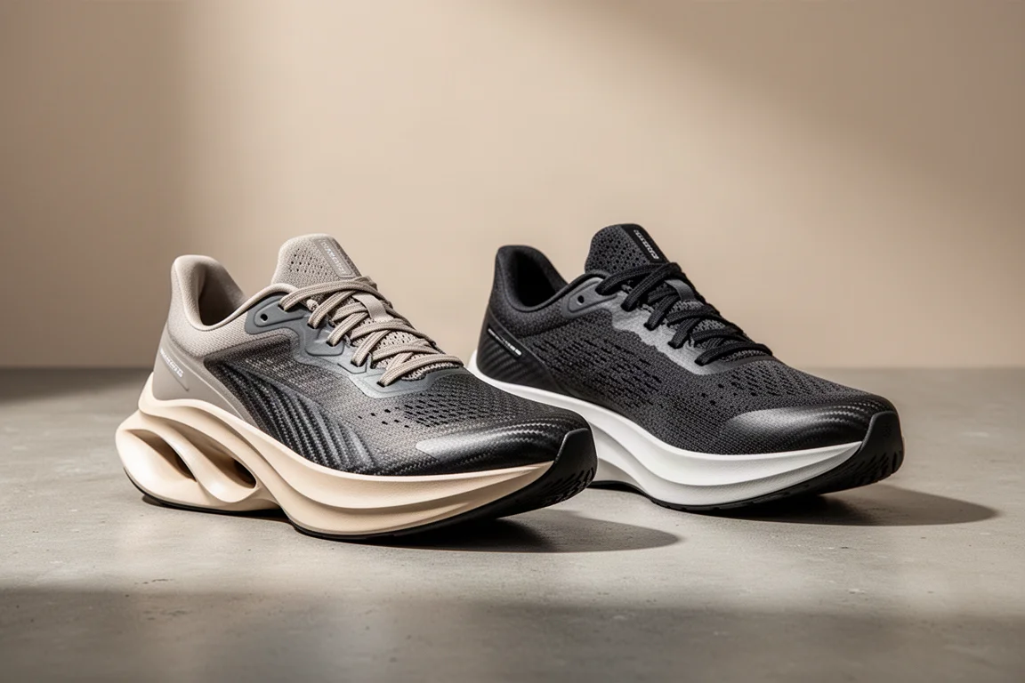 Two carbon racing shoes side by side on a concrete surface