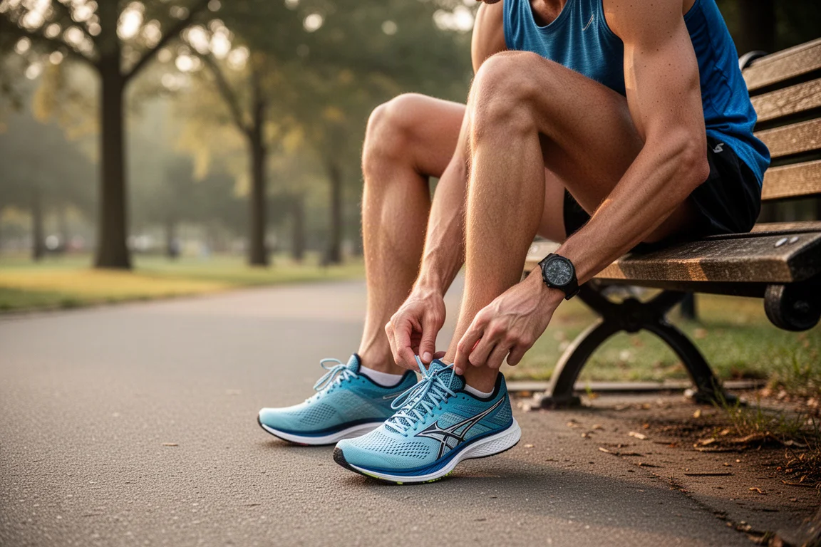 Läufer schnürt an der Startlinie eines Parkruns seine Wettkampfschuhe