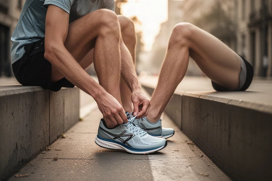 Runner lacing up a lightweight racing shoe on a city sidewalk at dawn