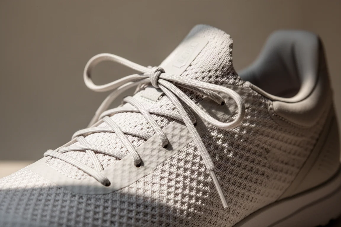 Close-up of a shoe upper with diamond-pattern ripstop texture and thin laces