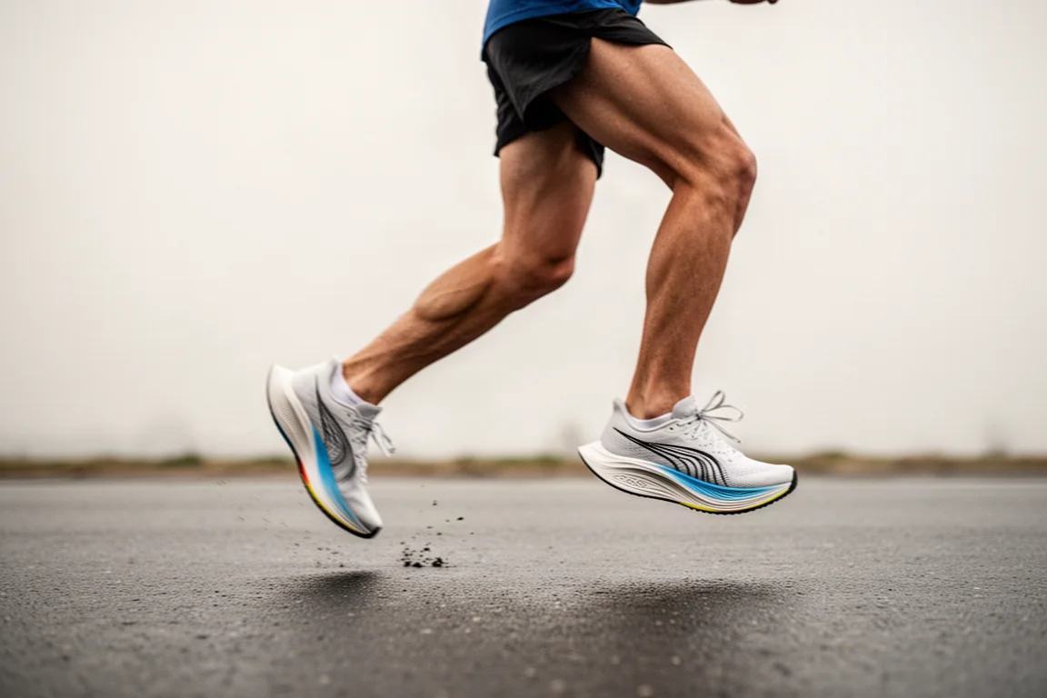 Runner mid-stride on a smooth road, forefoot striking on a curved rocker sole