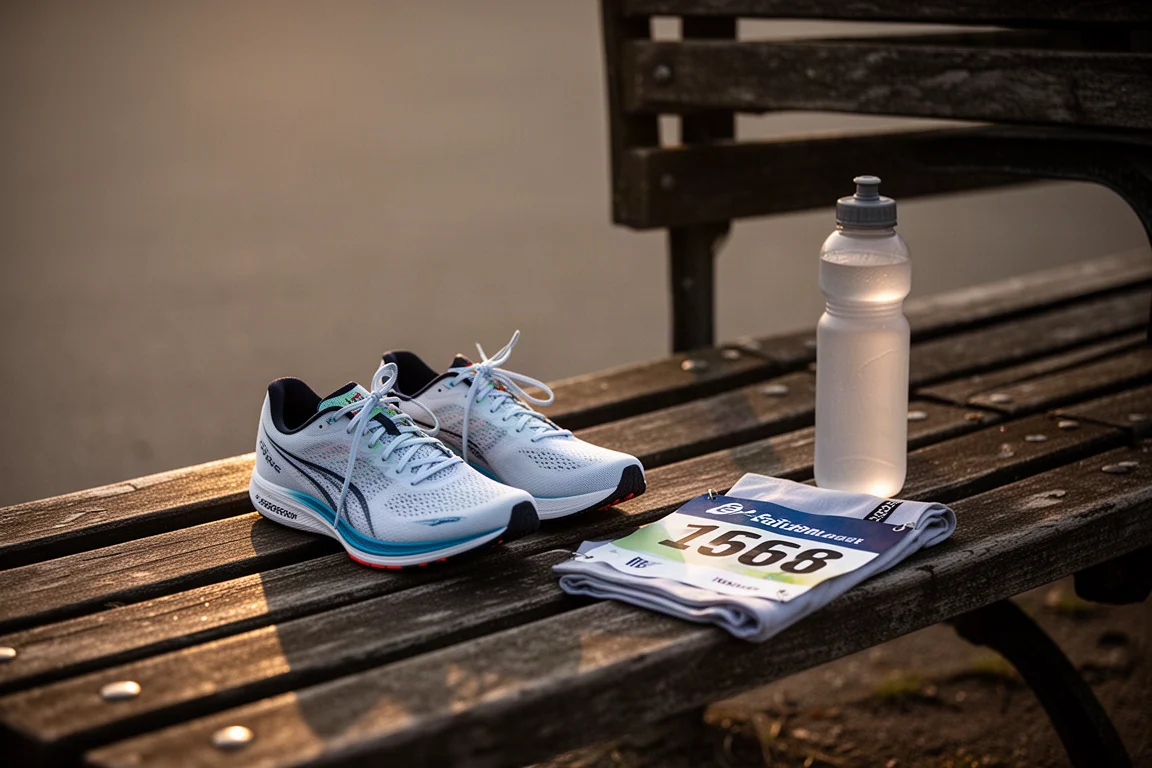 Runner resting after a race, race bib and shoes set beside a park bench