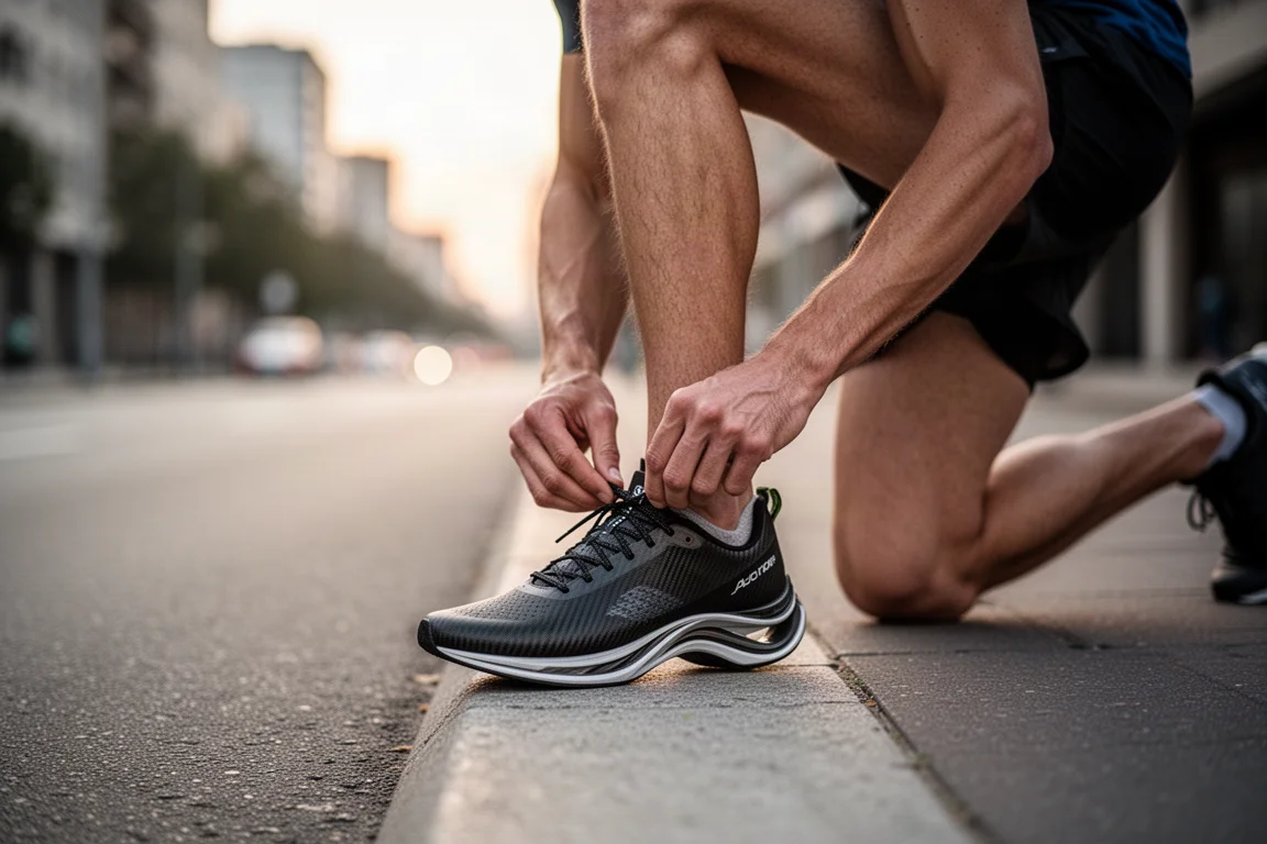 Coureur lacant une chaussure de course à plaque carbone au volume réduit sur un trottoir