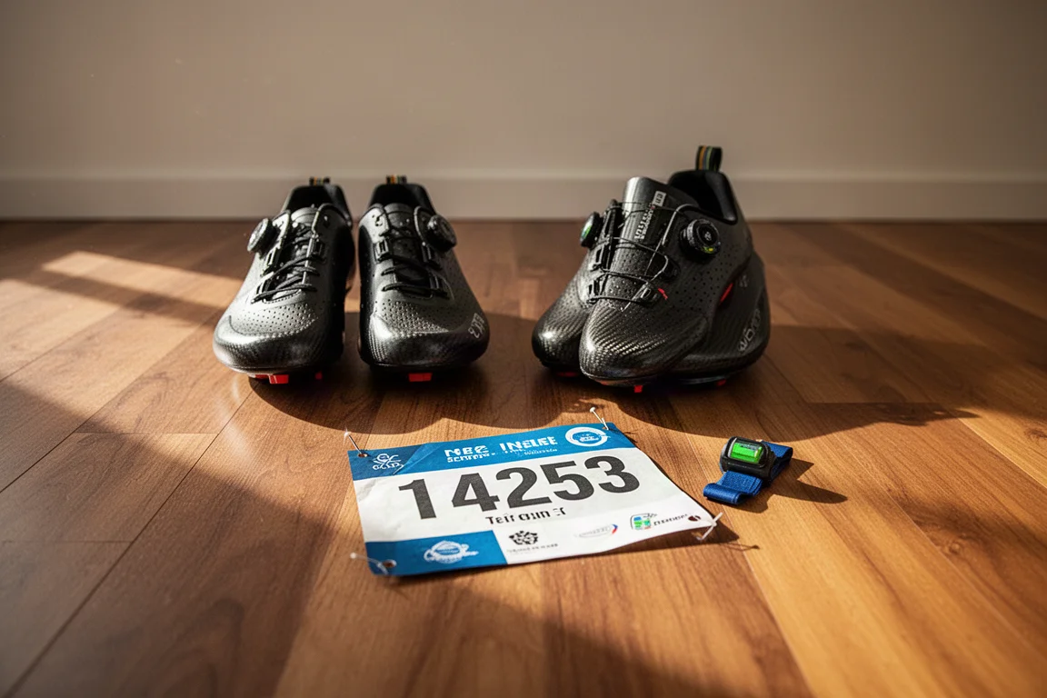 Kit de course avec dossard épinglé et chaussures de course préparés sur un plancher en bois