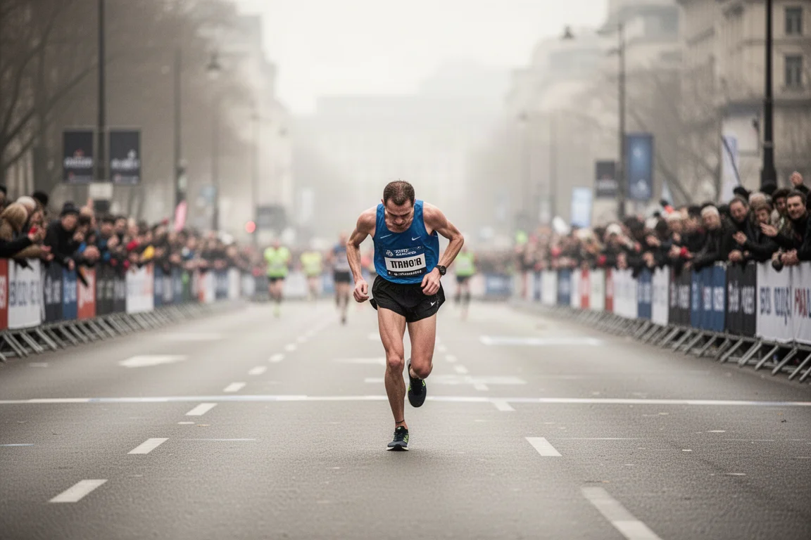 Coureur fatigué dans les derniers kilomètres d'un marathon sur un revêtement ouvert