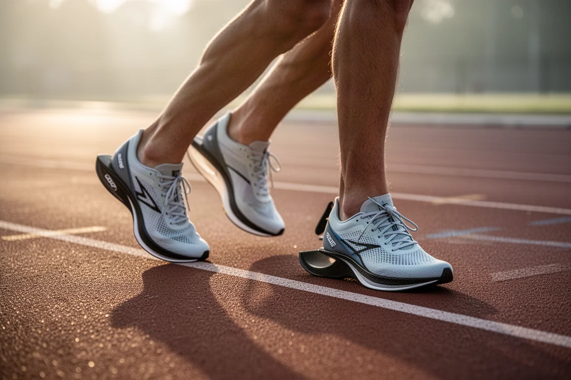Un corridore allaccia scarpe da gara con piastra in carbonio su una pista
