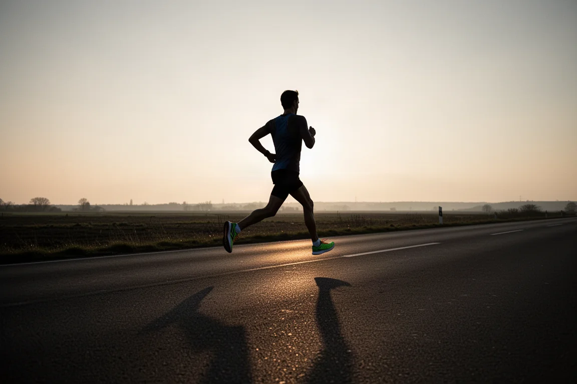 Ensam maratonlöpare på en öppen väg i mjukt kvällsljus