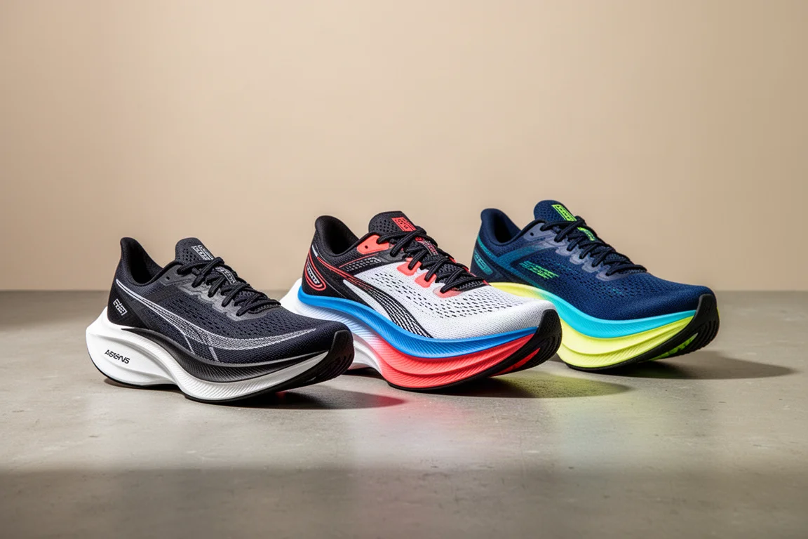 Three carbon plate racing shoes arranged in a row on a concrete surface