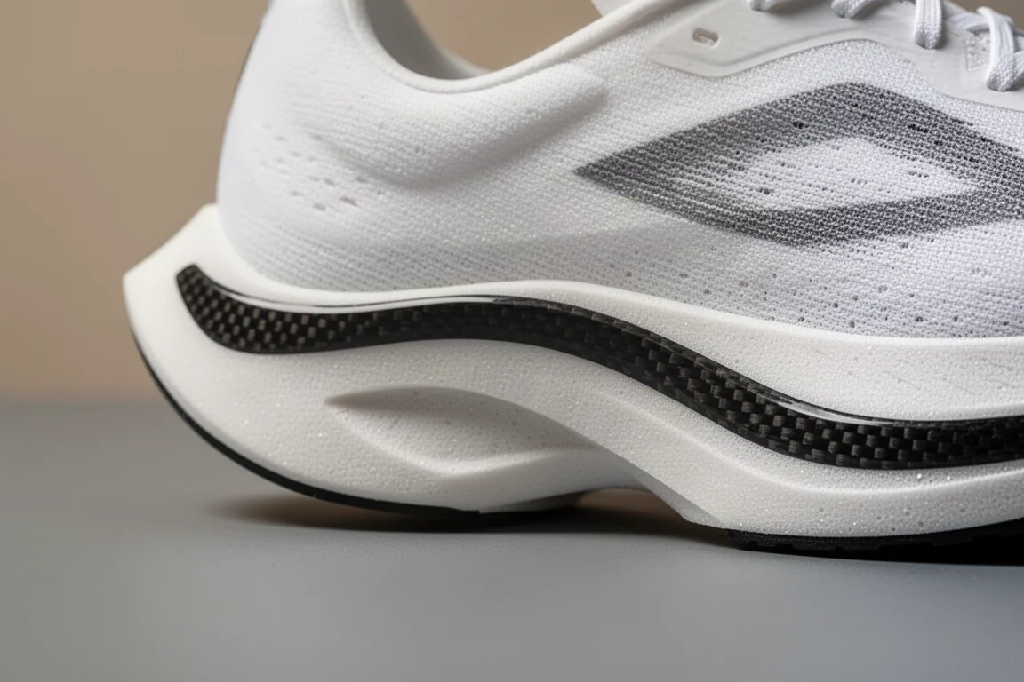 Primer plano de una mediasuela ligera de zapatilla de competición con una banda de carbono en su perímetro