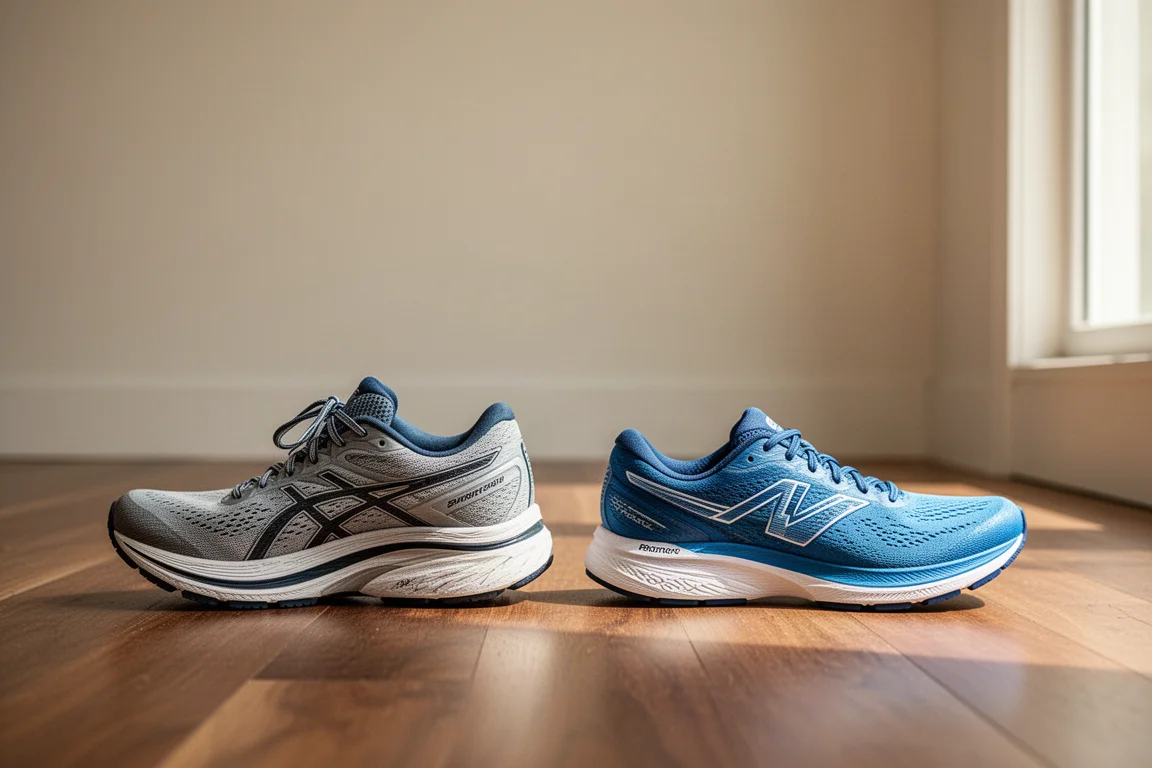 Par de zapatillas de maratón lado a lado sobre un suelo de madera para compararlas