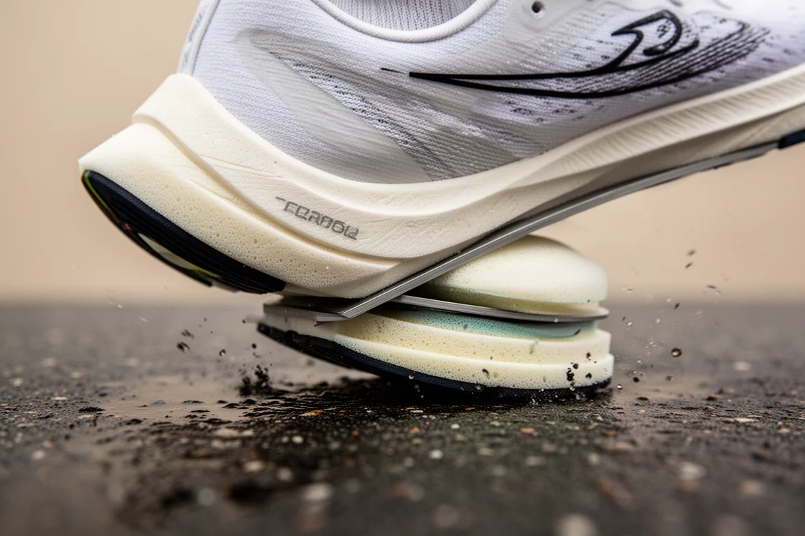 Primo piano della midsole di una scarpa da racing che si flette durante un appoggio sull'avampiede