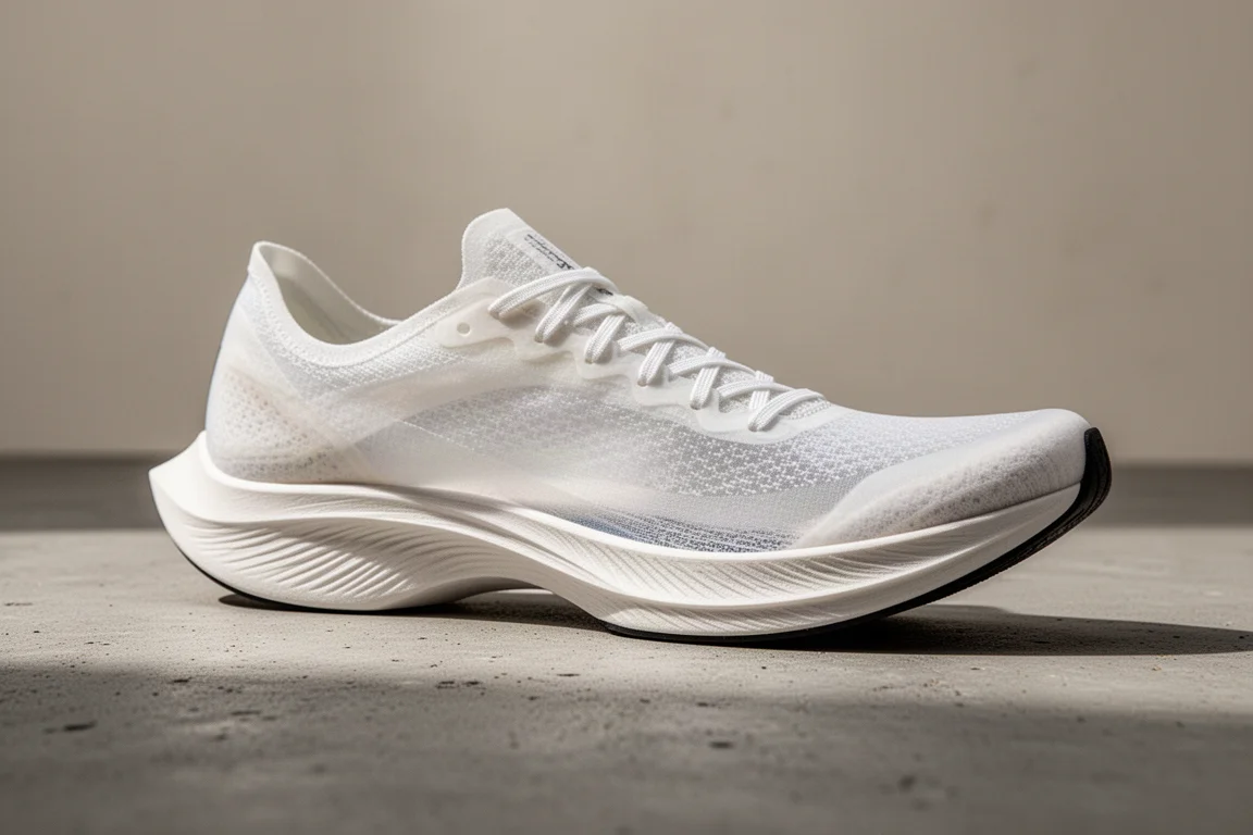 Scarpa da gara bassa e filante con tomaia traslucida appoggiata sul cemento