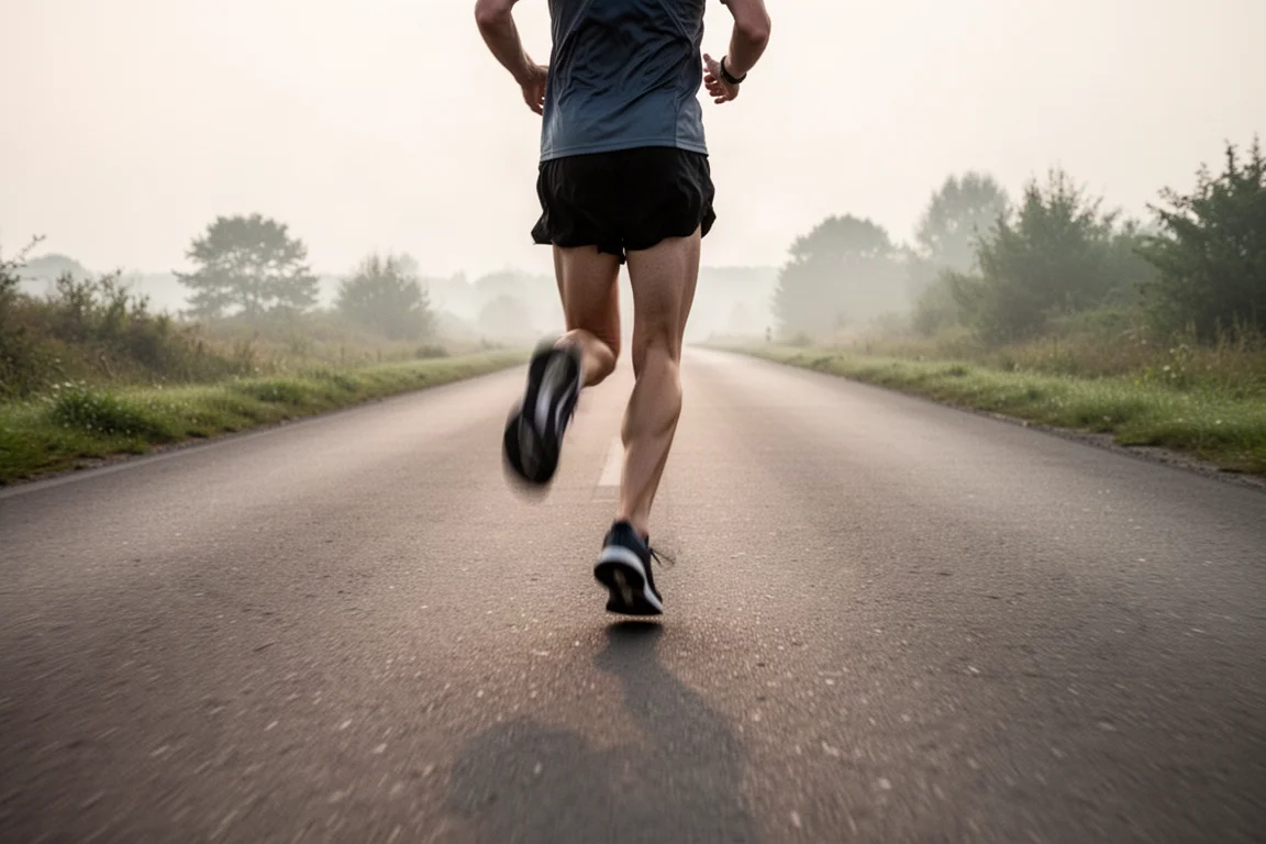 Runner a metà passo su una strada aperta ad andatura sostenuta nella luce morbida del mattino
