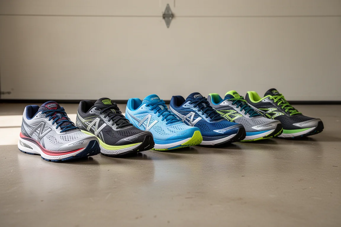 File di diverse scarpe da gara allineate sul pavimento di un garage per un confronto
