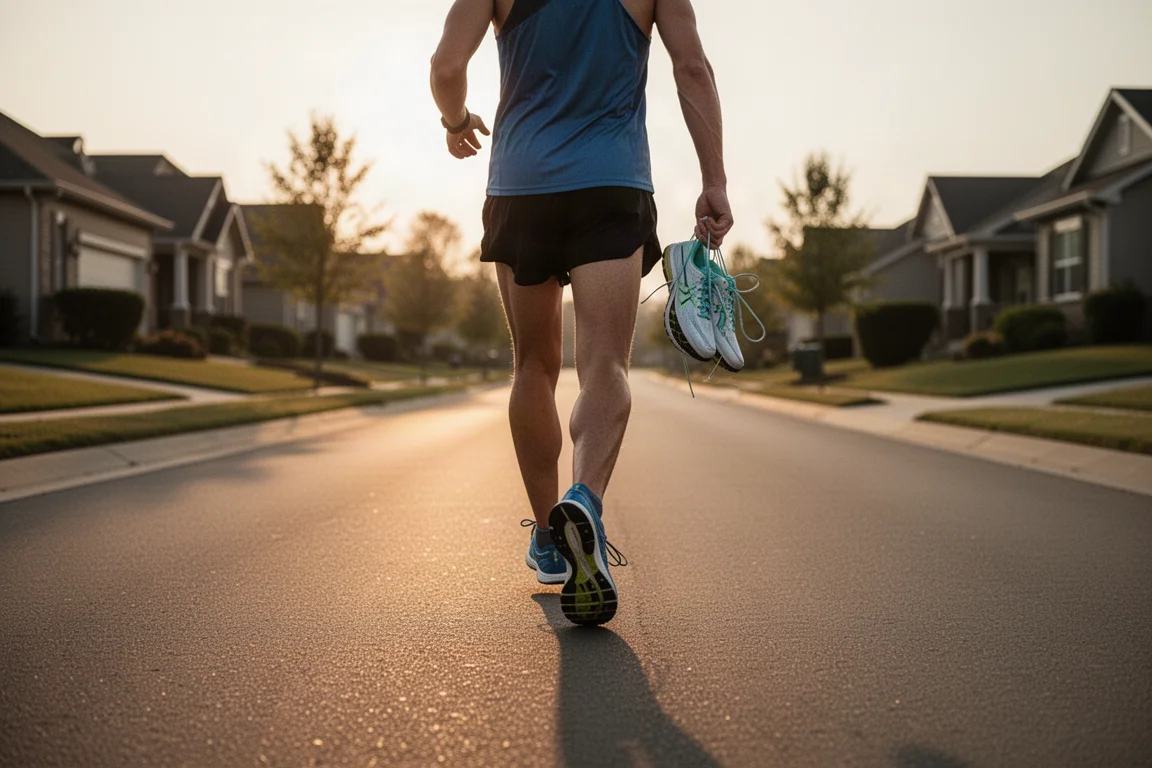 Runner che cammina dopo un allenamento con le scarpe in mano all'ora dorata