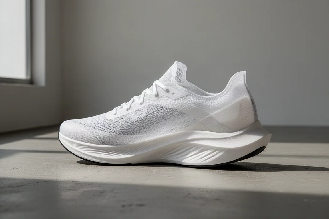 Ultra lightweight racing shoe with thin translucent upper on concrete
