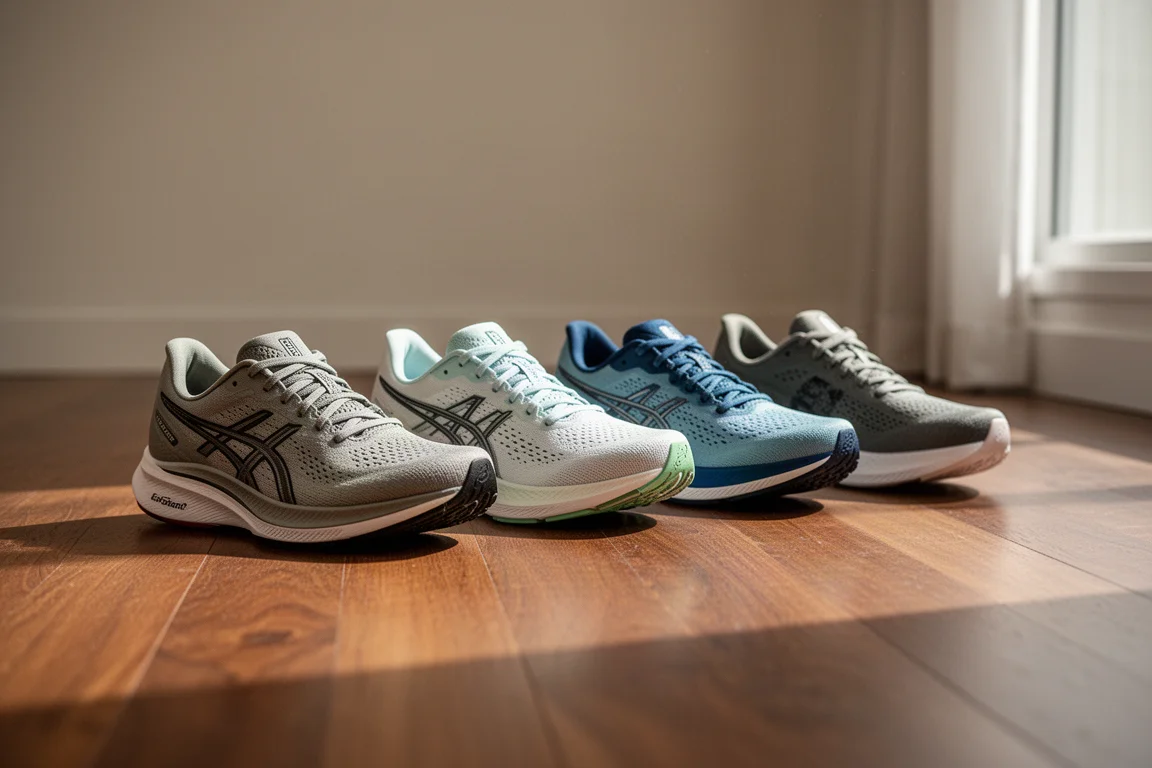 Verzameling premium marathonschoenen op een neutrale vloer
