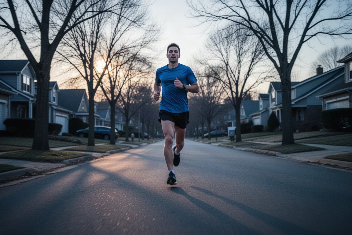 夕暮れの並木道をリラックスしたペースで走るランナー