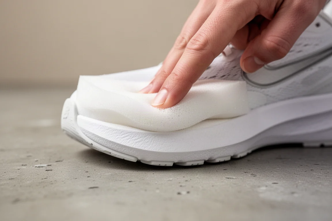 Gros plan sur la mousse d'amorti d'une chaussure de running comprimée à la main