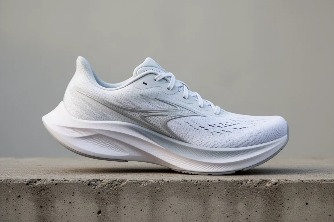 Profil latéral d'une chaussure de running montrant une courbe de rocker agressive à l'avant