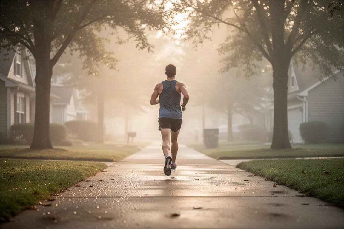 Coureur sur un chemin pavé calme par une matinée chaude et humide