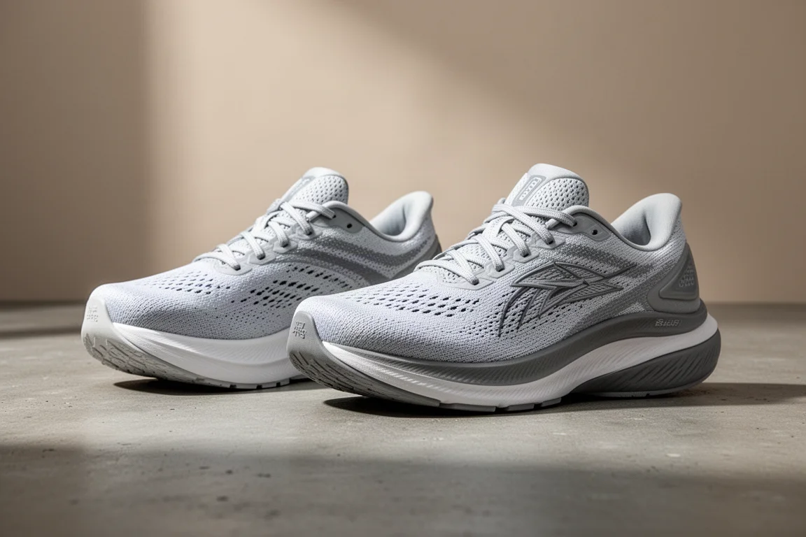 Deux chaussures de running côte à côte sur du béton pour comparaison