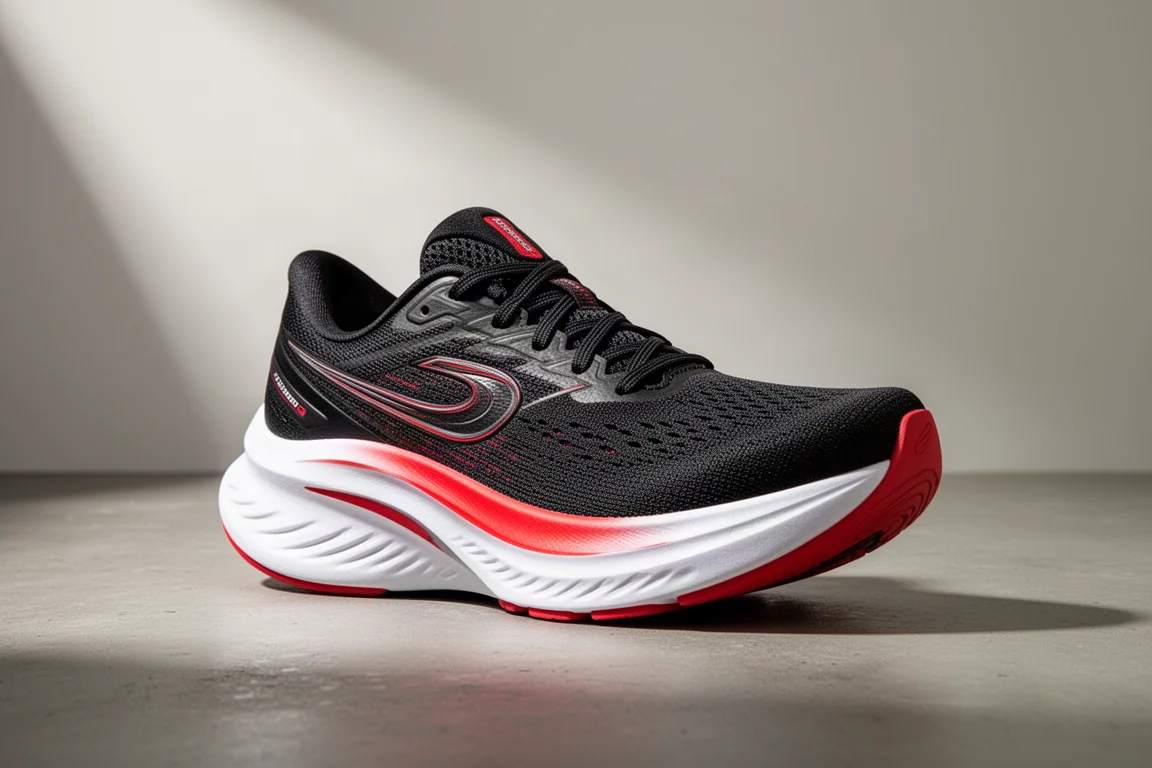 Adidas Adistar 4 running shoe with thick white midsole and red accents on concrete