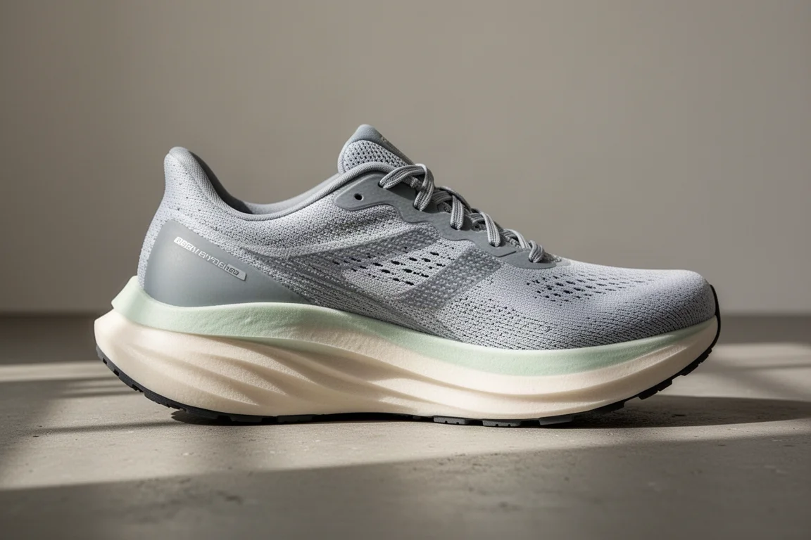 Primo piano dell'intercapedine spessa a doppia schiuma di una scarpa da running con profilo rocker a strati