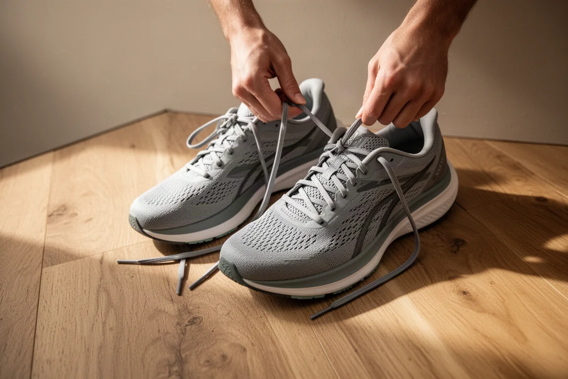 Un runner che allaccia un paio di scarpe da running su un pavimento di legno
