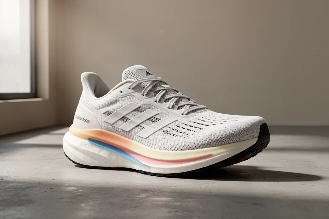Adidas Adistar Beyond road running shoe shown in three-quarter view on concrete