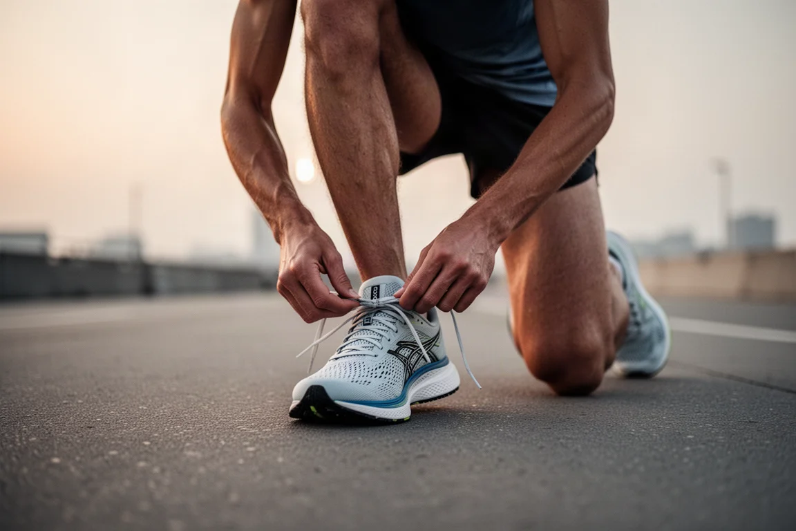 Runner tying racing shoes before a fast city run