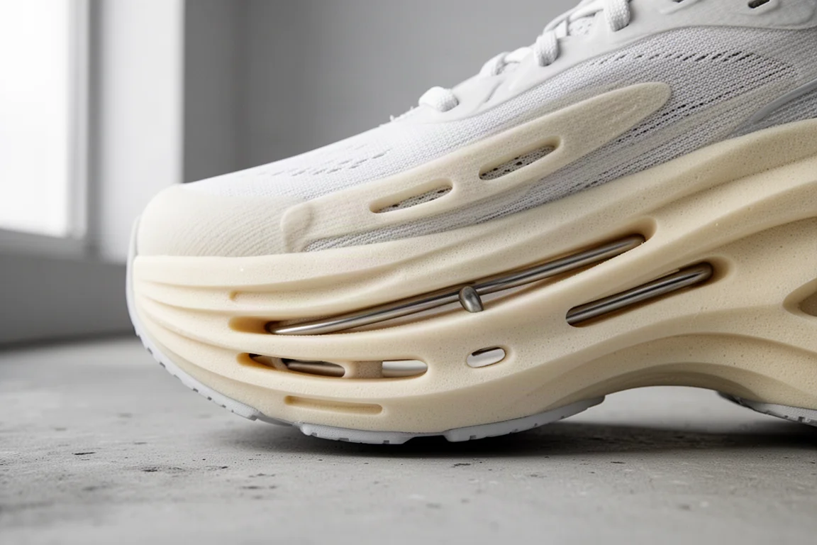 Detail of a running shoe midsole with foam cut-outs and internal rods