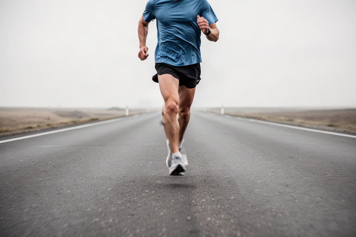 Runner mid-stride on an open road during a training run