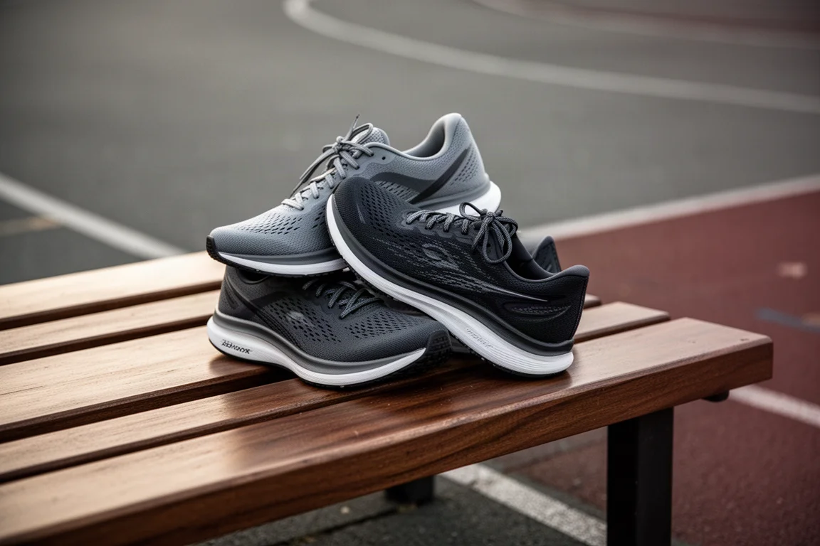 Stack of running shoes on a wooden bench after a run